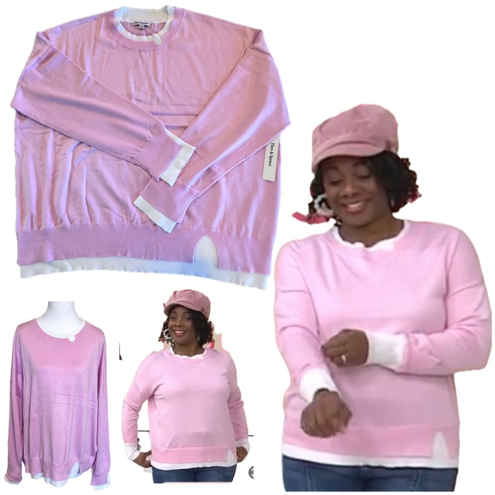 NWT Soft Lightweight Cute faux layer twofer look pink sweater notch details 3X